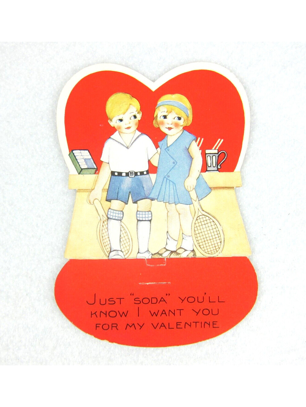 Vintage Valentine Die Cut Blonde Girl Boy Tennis Racket Soda Pop Red Heart Stand